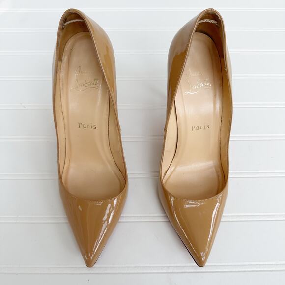 Christian Louboutin Tan Patent Leather Pointed Toe Pumps Nude Size 37 Heels - Picture 11 of 13